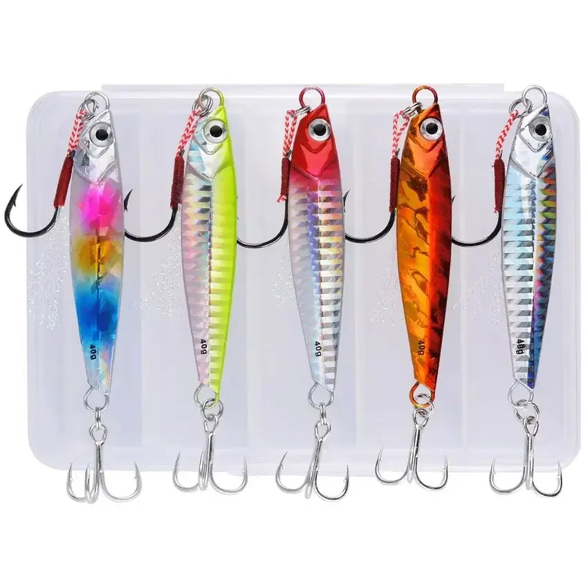 5pcs metal jig fishing lure weights in various colors for bass and trout fishing, ideal for saltwater and freshwater use