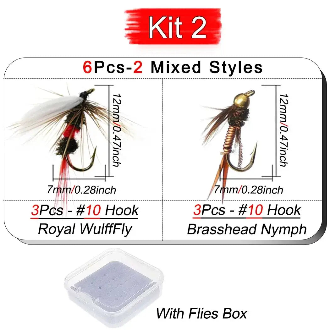 6Pcs fly fishing lures in mixed styles, including Royal Wulff Fly and Brasshead Nymph, packaged with flies box.