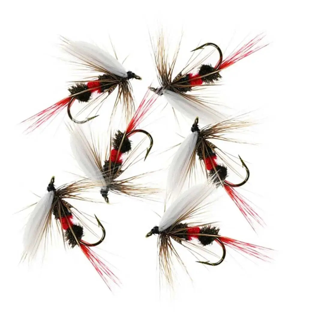 6pcs fly fishing lures in various mixed styles for trout fishing, featuring detailed hand-tied designs.