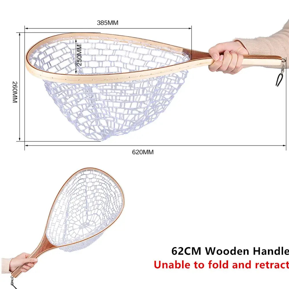 Collapsible fishing landing net with wooden handle, dimensions 62CM, sturdy design for easy catch in freshwater and saltwater.