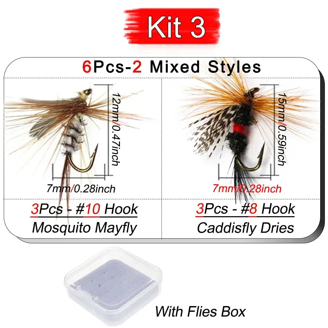 6Pcs Fly Fishing Lure Kit featuring Mosquito Mayfly and Caddisfly Dries with flies box for trout and stream fishing.