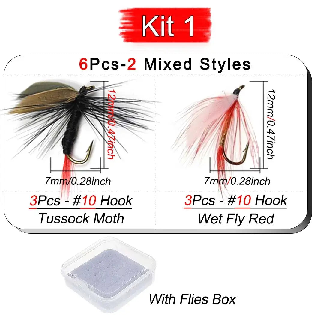 6Pcs Fly Fishing Lure Kit with Tussock Moth and Wet Fly Red in secure storage box.