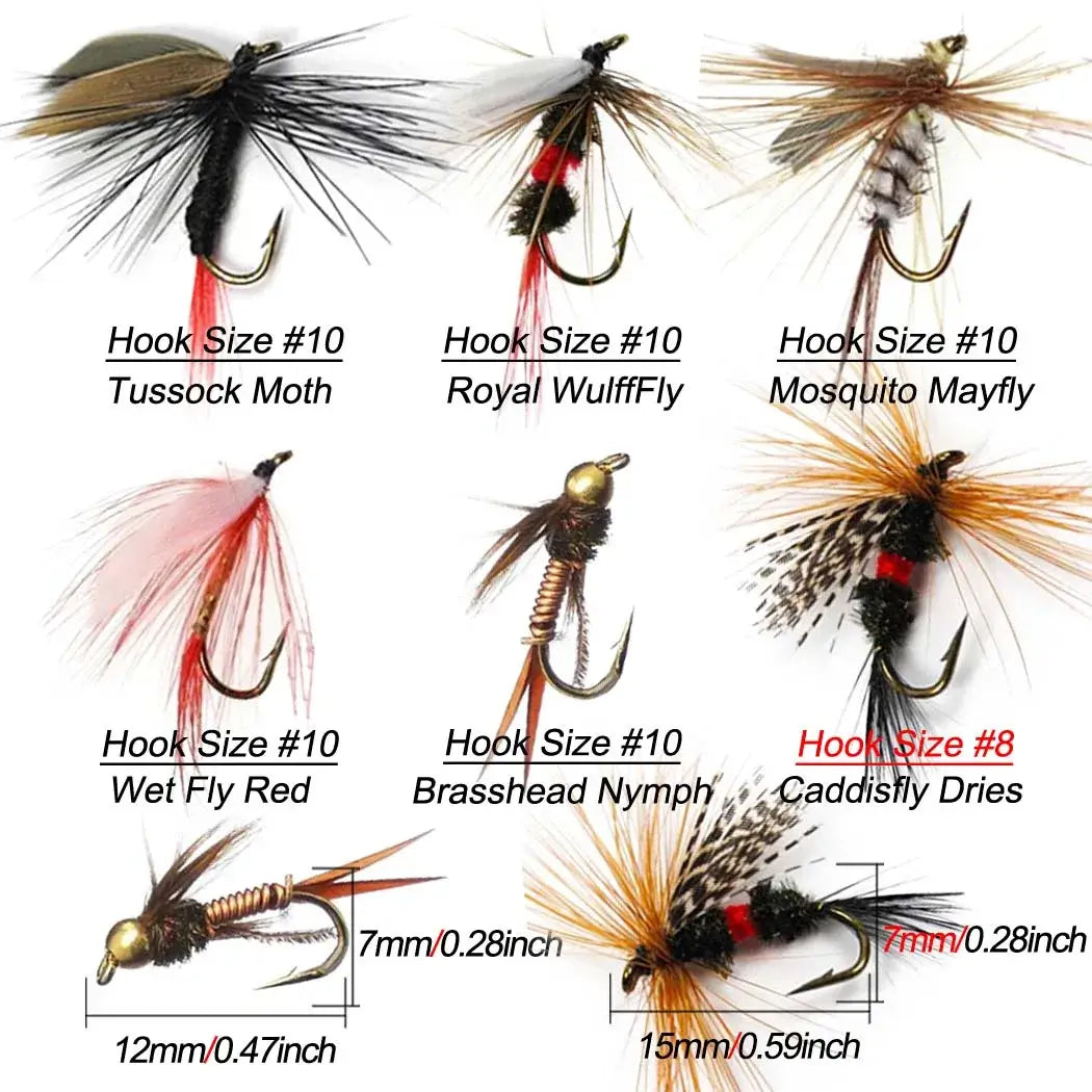 Variety of fly fishing lures including Tussock Moth, Royal Wulff Fly, and Caddisfly Dries, ideal for trout fishing.