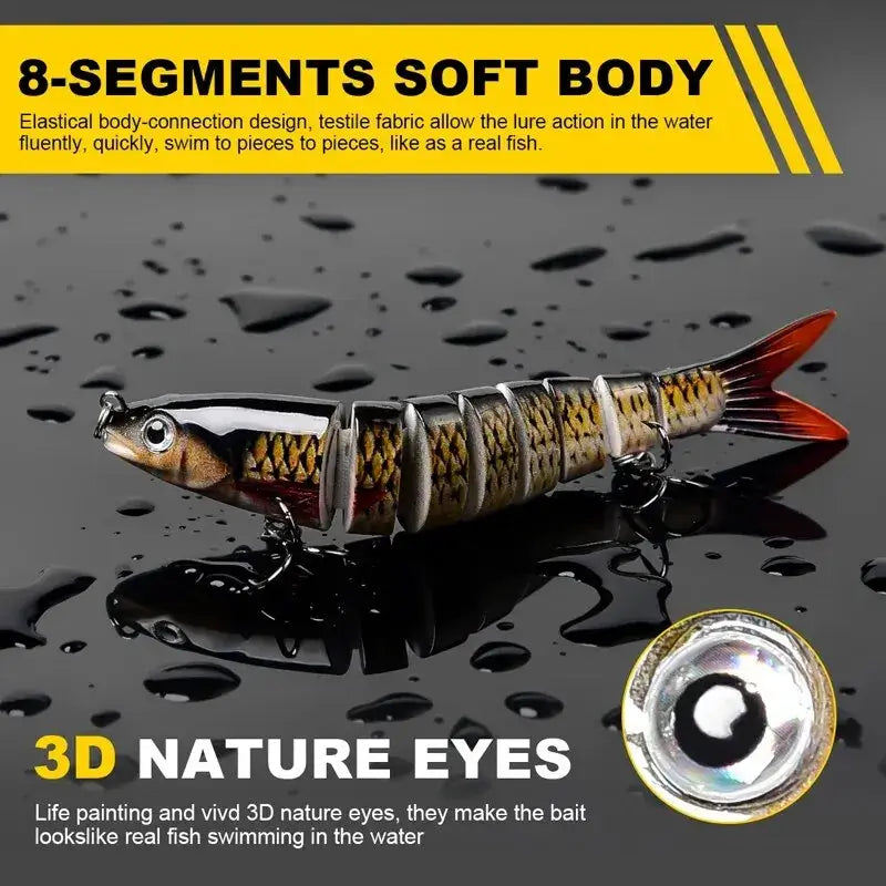 8-segment soft body fishing lure with 3D nature eyes designed to mimic real fish movement in water.