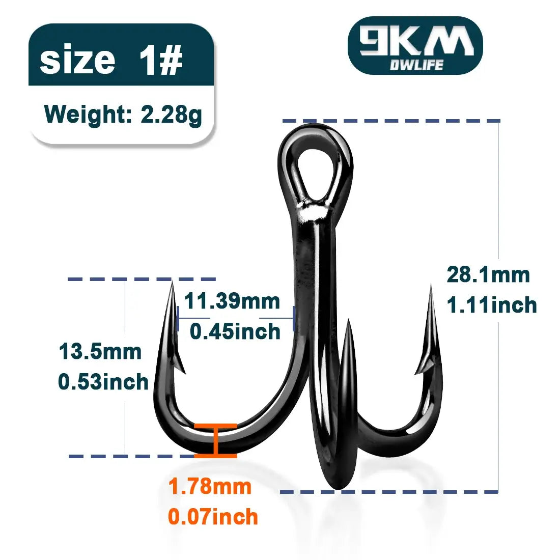 9KM 4X Fishing Treble Hook size 1# dimensions and weight, designed for durability and sharpness in fishing.