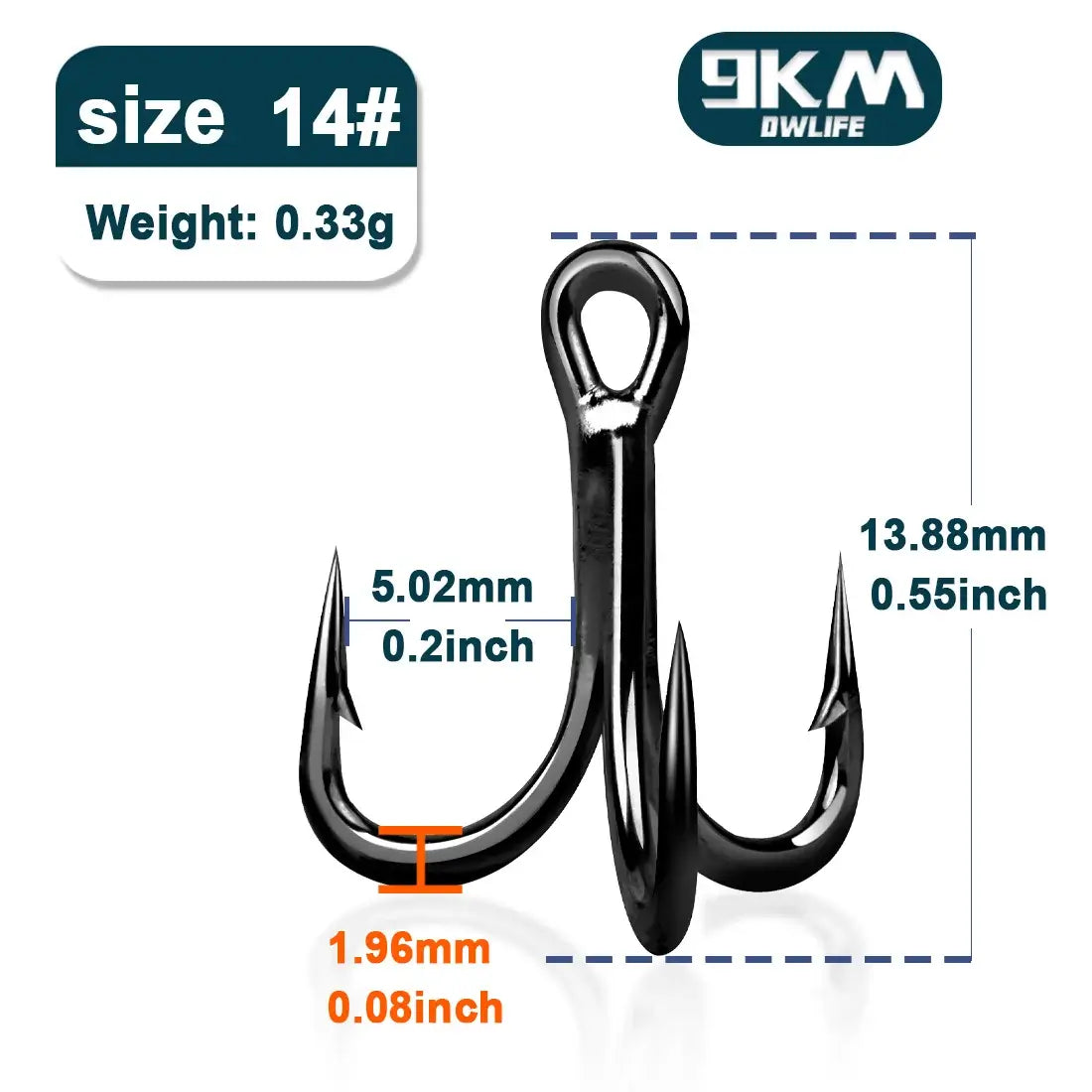 9KM 4X Fishing Treble Hook Size 14, 0.33g, barbed, sharp points for trout, bluefish, salmon fishing.