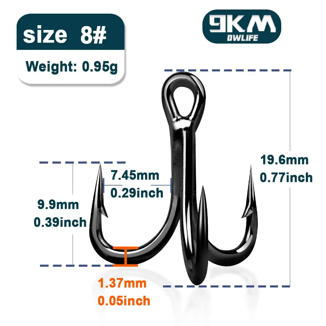 9KM 4X fishing treble hook size 8 with measurements, made from high carbon steel for durability and sharpness.