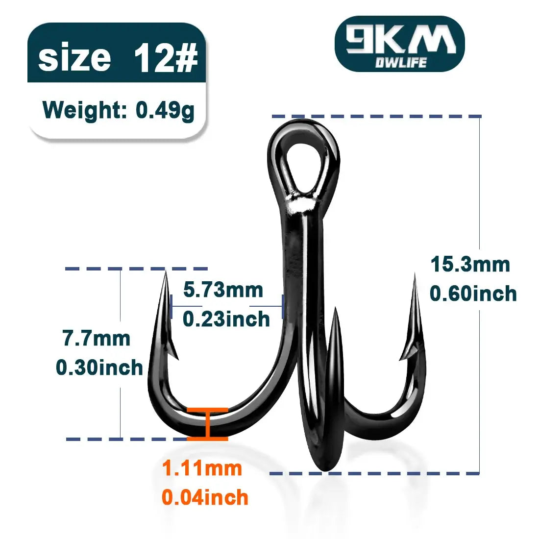 9KM size 12 treble hook with dimensions and weight details, made from high carbon steel, designed for fishing.
