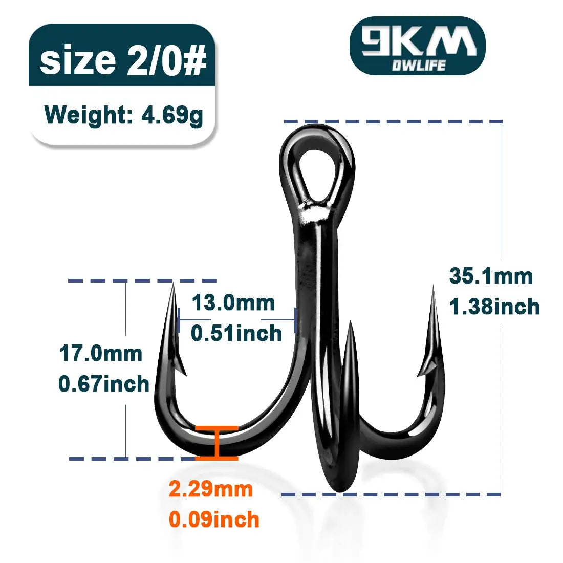 9KM 2/0# fishing treble hook with dimensions, crafted from high-carbon steel for durability and sharpness.
