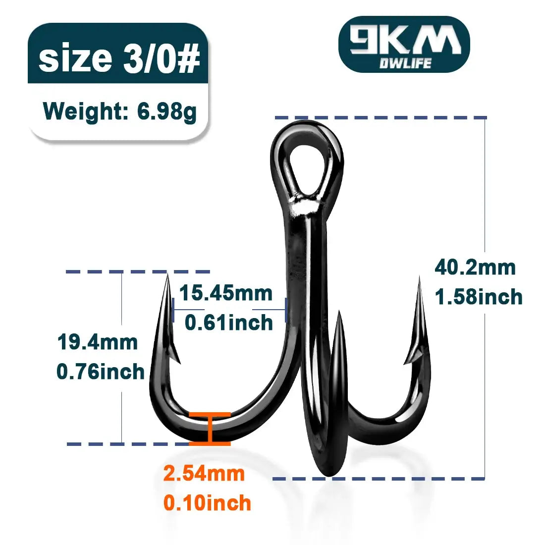 9KM size 3/0 fishing treble hook with dimensions, weighing 6.98g, designed for durability and sharpness.