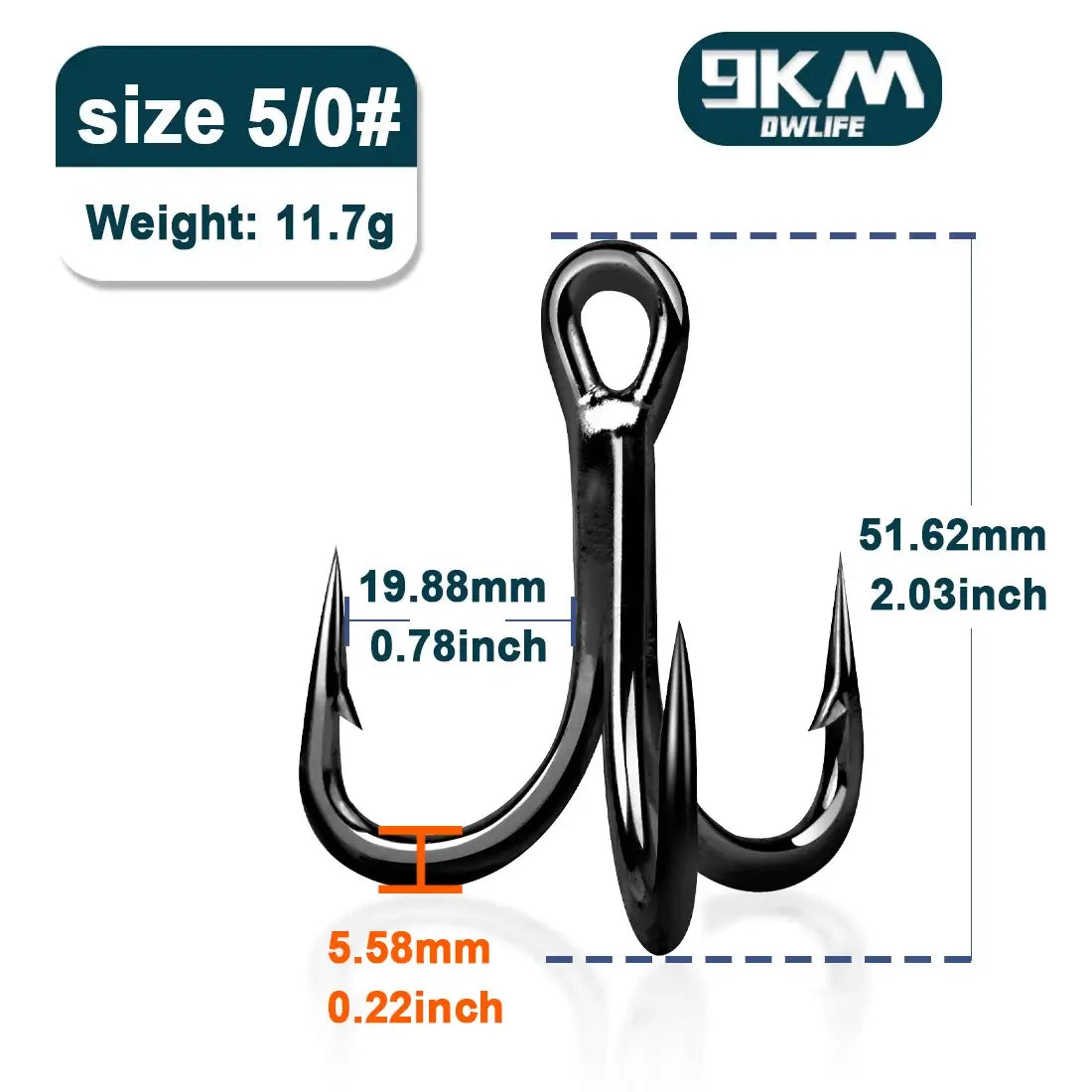 9KM size 5/0 fishing treble hook specifications, weight 11.7g, sharp barbed design for robust fishing tackle.