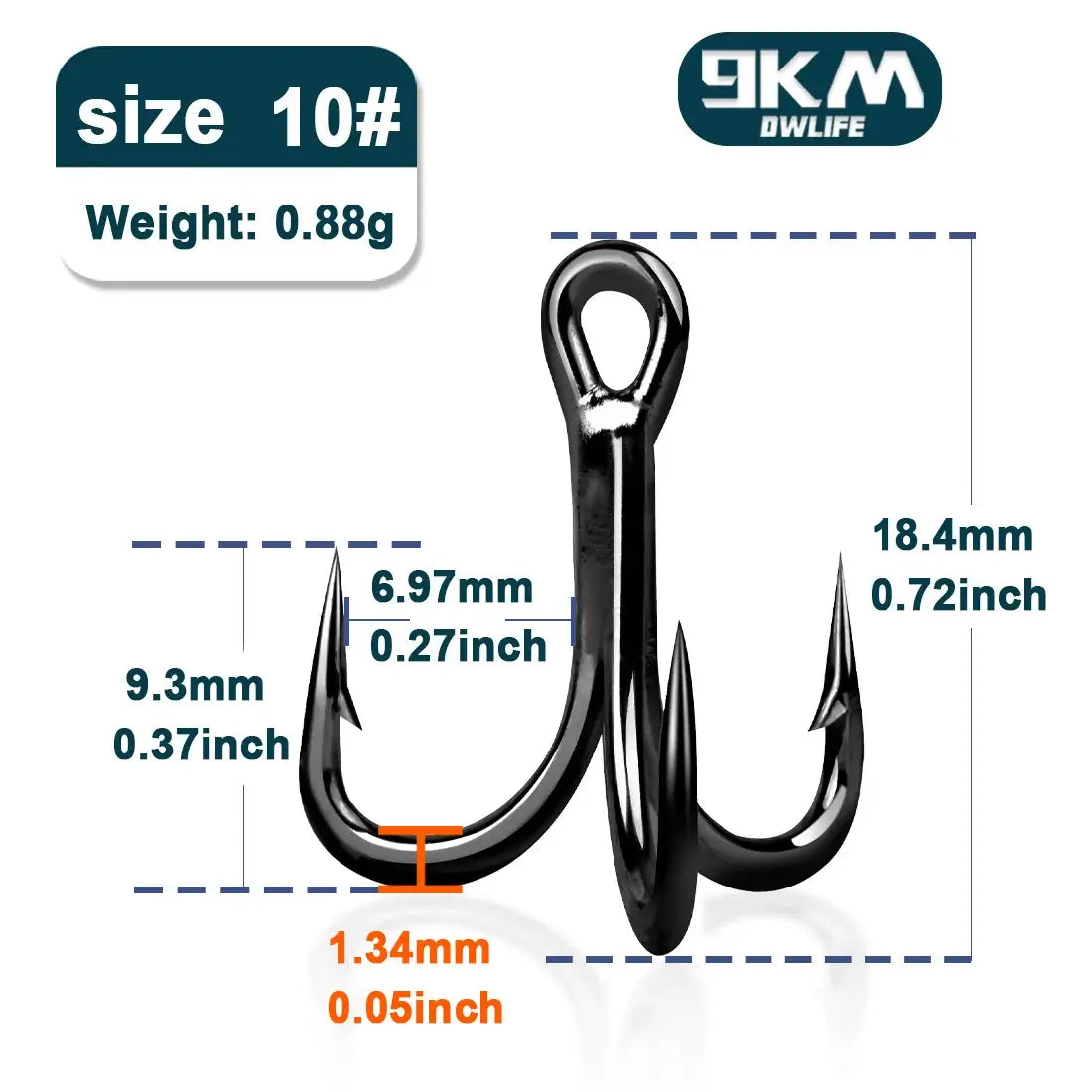 9KM size 10# fishing treble hook, high-carbon steel, dimensions 18.4mm x 6.97mm, perfect for freshwater and saltwater fishing.