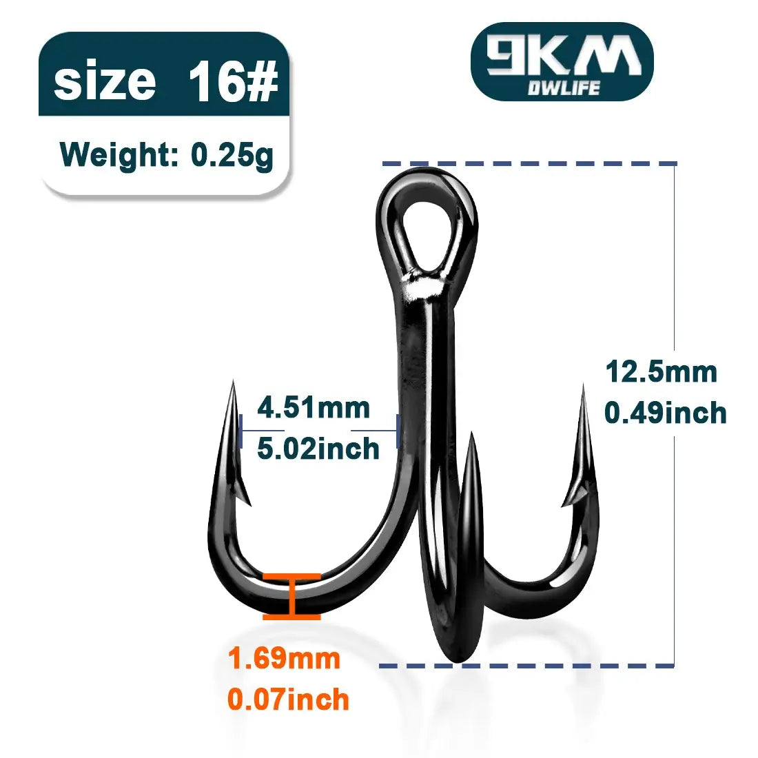 9KM 4X Fishing Treble Hook size 16# with sharp points and dimensions for optimal fishing performance.