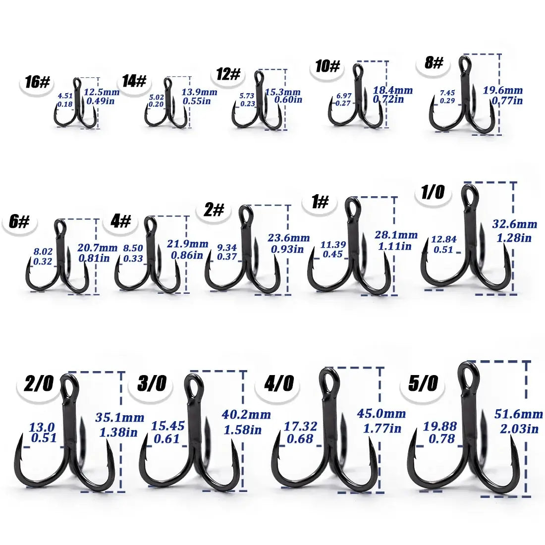 Dimensions and sizes of 9KM 4X fishing treble hooks, ranging from #16 to #5/0, showcasing high-carbon steel construction.