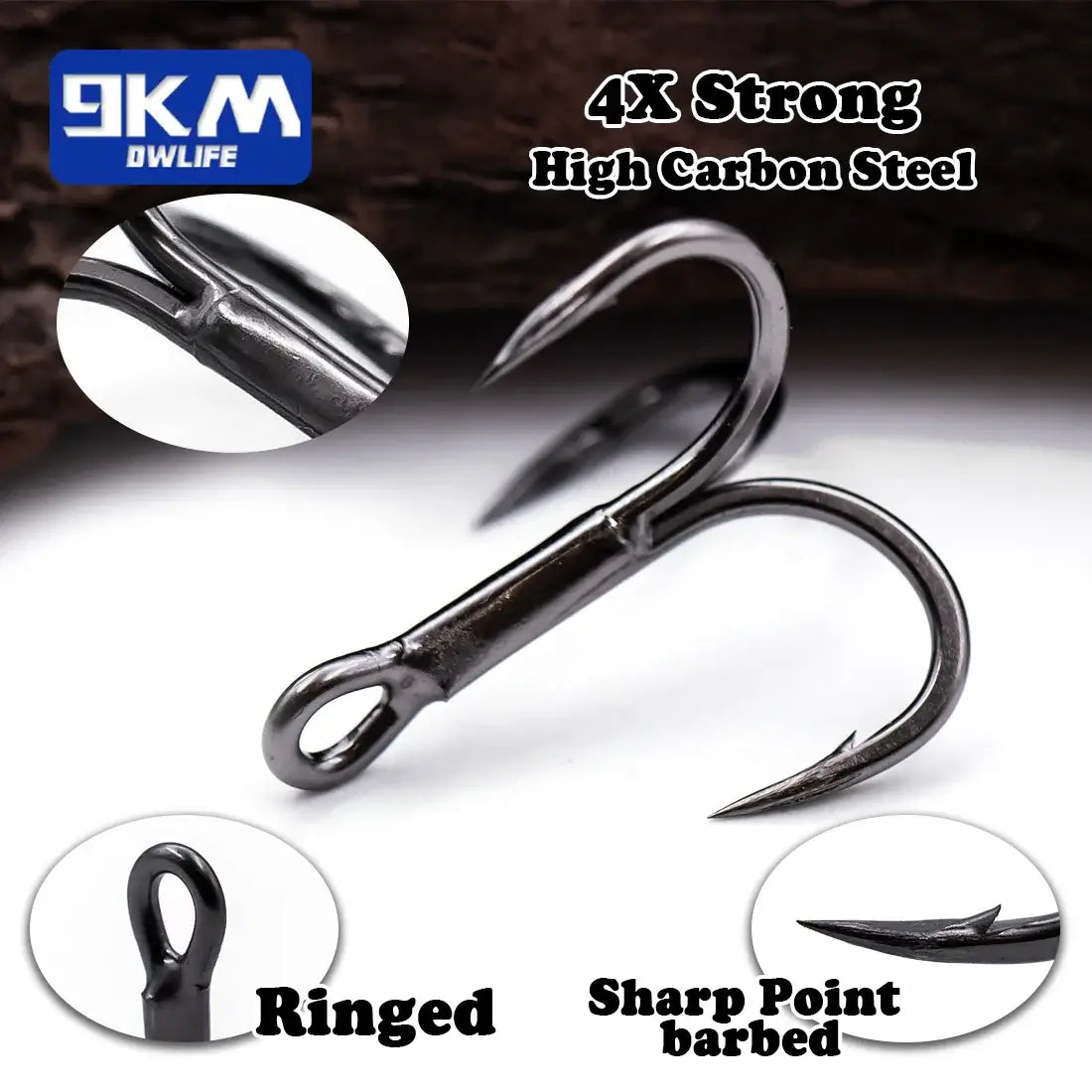 9KM 4X strong treble hook made from high carbon steel, featuring sharp barbed points and a ringed design.