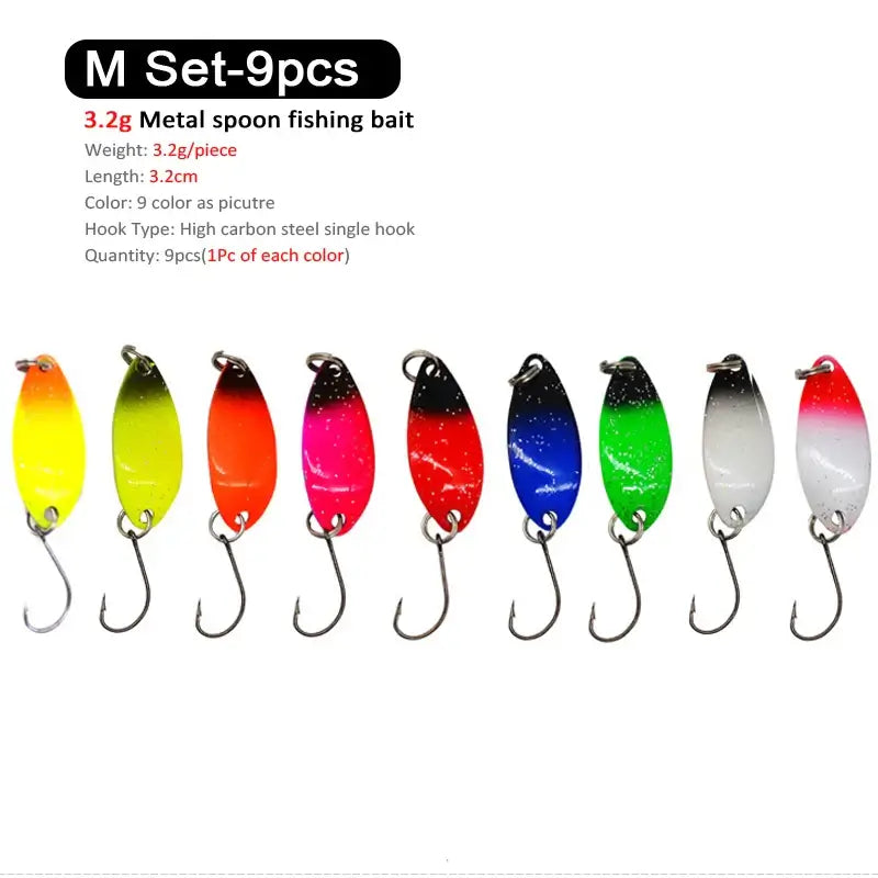 9-piece metal spoon fishing bait set, 3.2g, multi-colored lures for trout and chub fishing, featuring durable hooks.