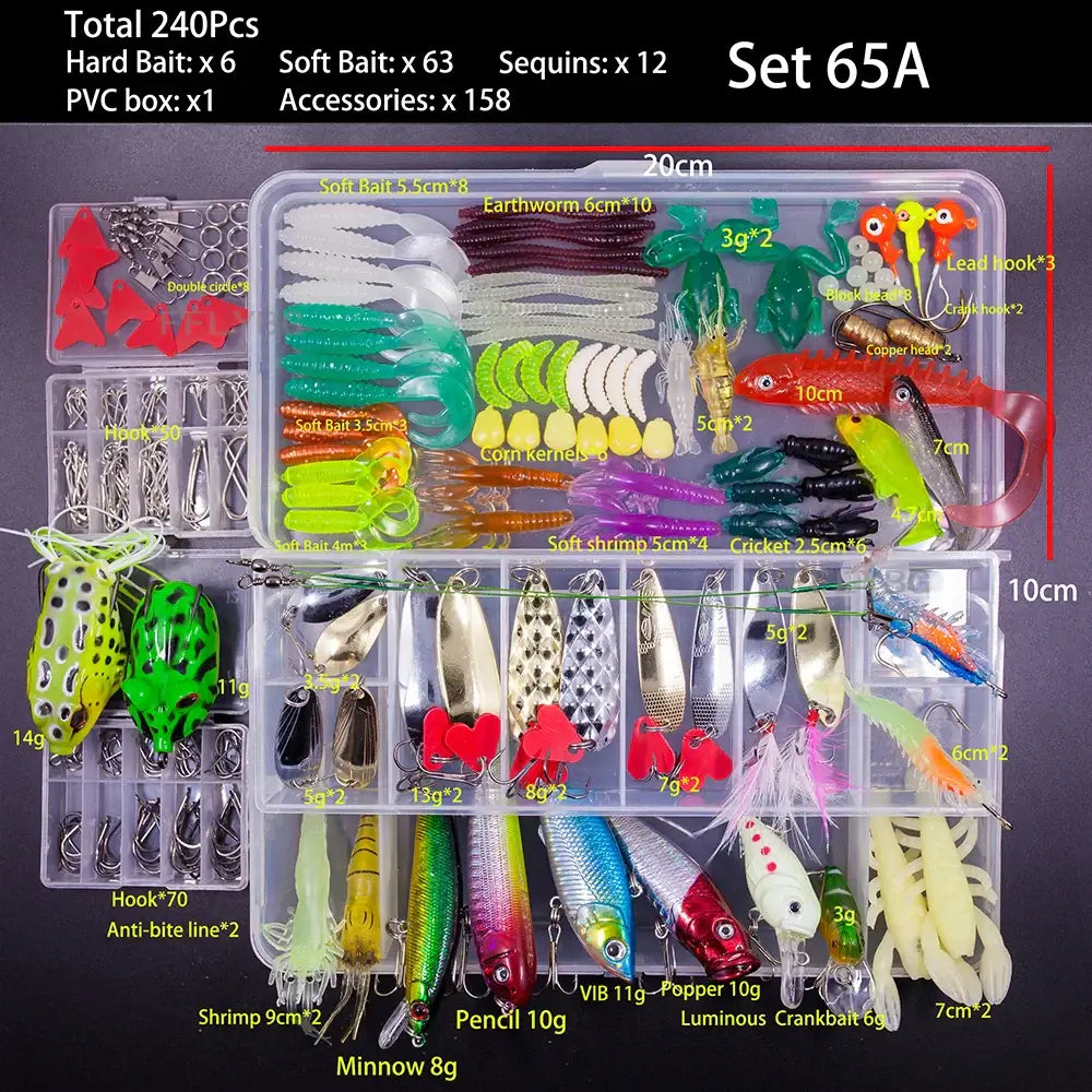 FFLYBG Mixed Fishing Lure Set with 240 pieces including soft and hard baits, sequins, and accessories in a clear PVC box.