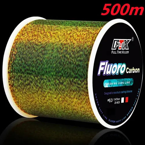 FTK 500m invisible fishing line with speckled fluorocarbon coating, 0.60mm diameter, showing durability and stealth.