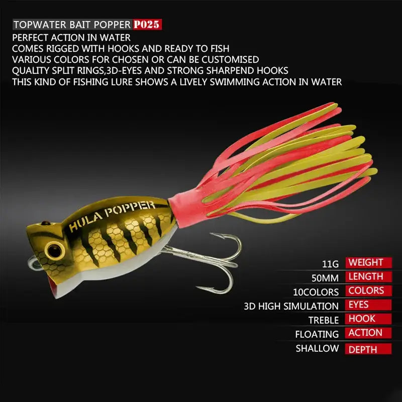 Fishing Lures Topwater Popper Bait, Artificial Wobblers, Plastic Fishing Tackle with Tail Hooks, Reservoir Pond, 5cm, 11g.