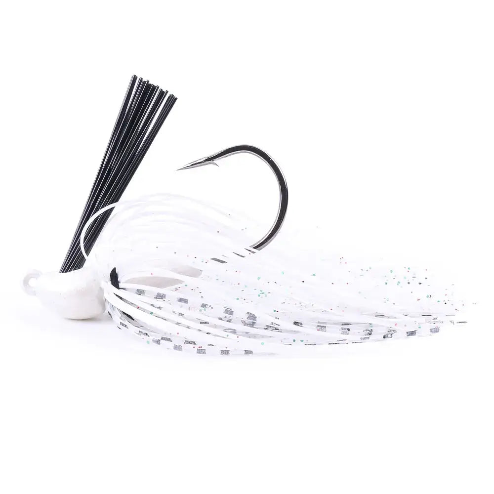 HENJIA 10g spinnerbait buzzbait for bass fishing, featuring a black hook and white skirt for enhanced attraction.