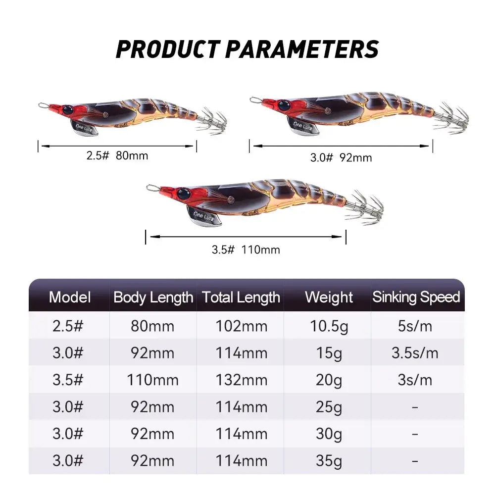 Product parameters of Kingdom Egi Squid Bait including model, length, weight, and sinking speed for fishing enthusiasts.