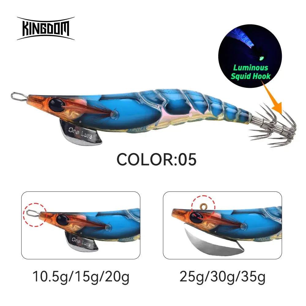 Kingdom Egi Squid Bait 3.0# in color 05 with luminous squid hook, ideal for octopus and cuttlefish fishing.