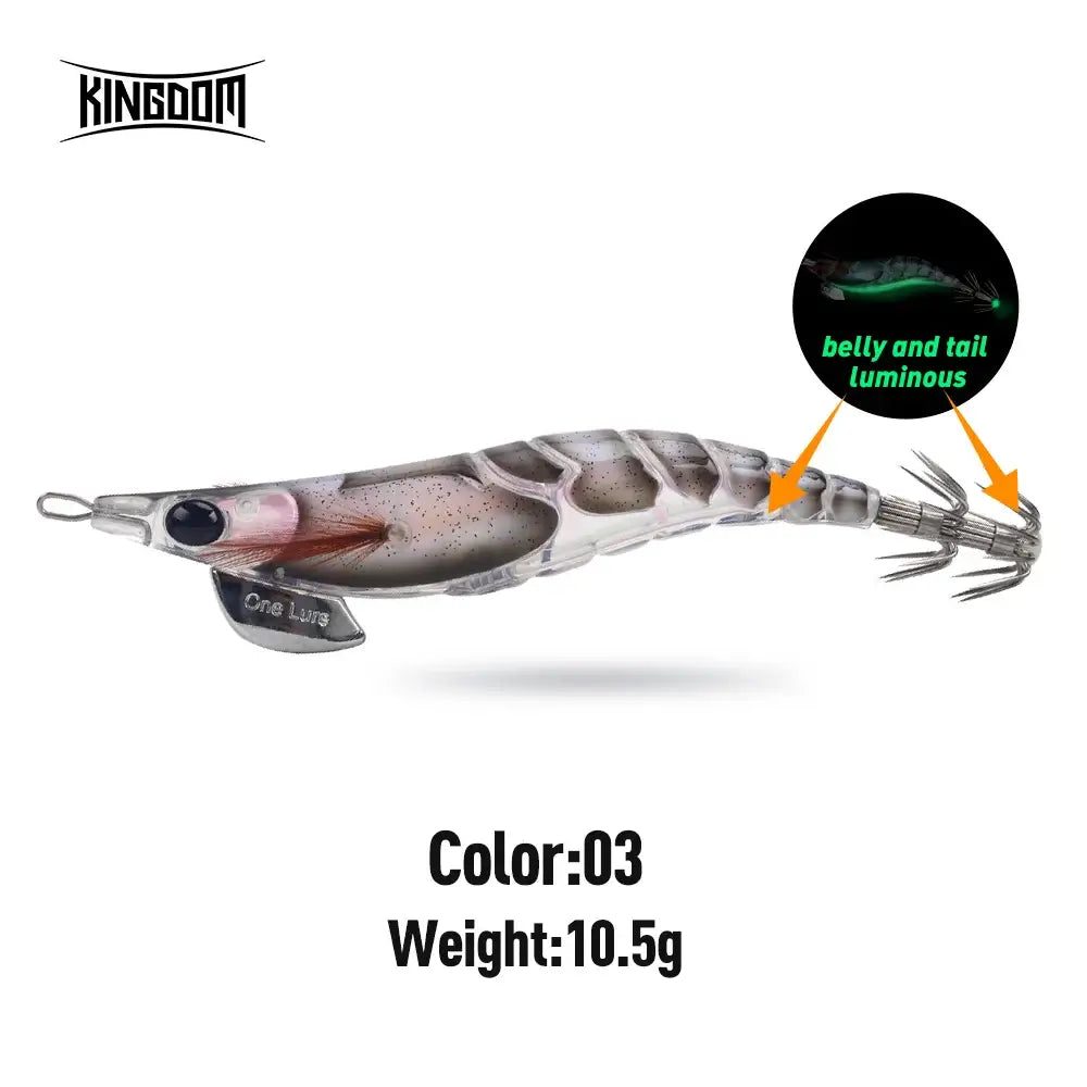 Kingdom Egi Squid Bait 10.5g in color 03, featuring luminous belly and tail, perfect for sea fishing and luring octopus and cuttlefish.