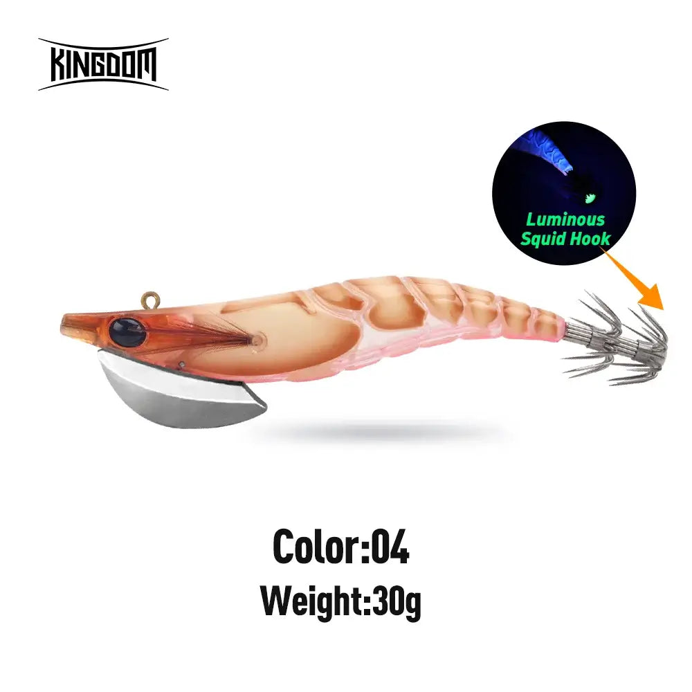 Kingdom Egi Squid Bait 30g with luminous squid hook, ideal for sea fishing, perfect for attracting octopus and cuttlefish.