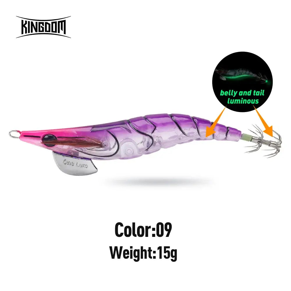 Kingdom Egi Squid Bait 15g in color 09, featuring luminous belly and tail, ideal for sea fishing and attracting octopus.