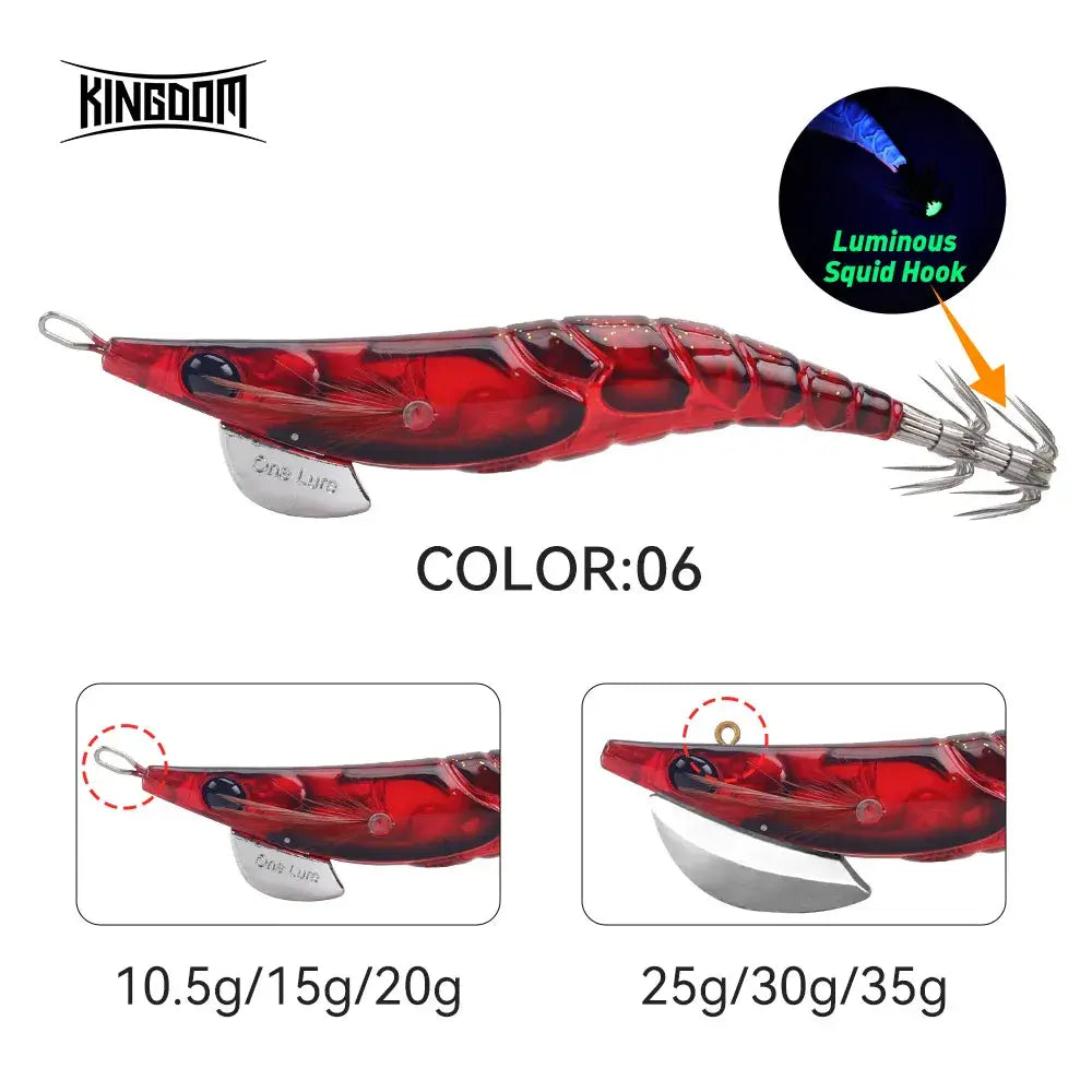 Kingdom Egi Squid Bait in luminous red with squid hooks, 15g version for effective sea fishing.