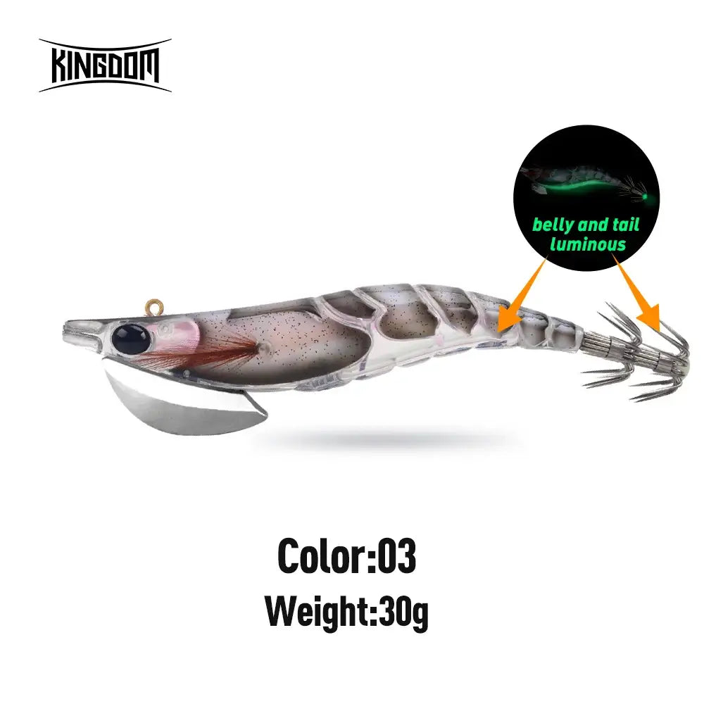 Kingdom Egi Squid Bait 30g in color 03, featuring luminous belly and tail, perfect for sea fishing