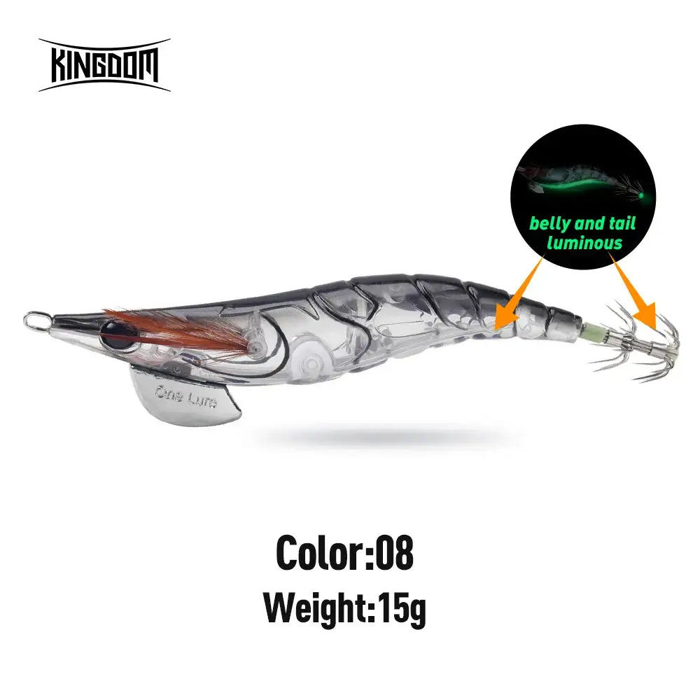Kingdom Egi Squid Bait 15g in color 08, featuring luminous belly and tail for effective sea fishing lures.