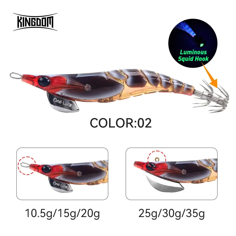 Kingdom Egi Squid Bait in luminous color 02, 15g size, designed for effective sea fishing and attracting octopus and cuttlefish.