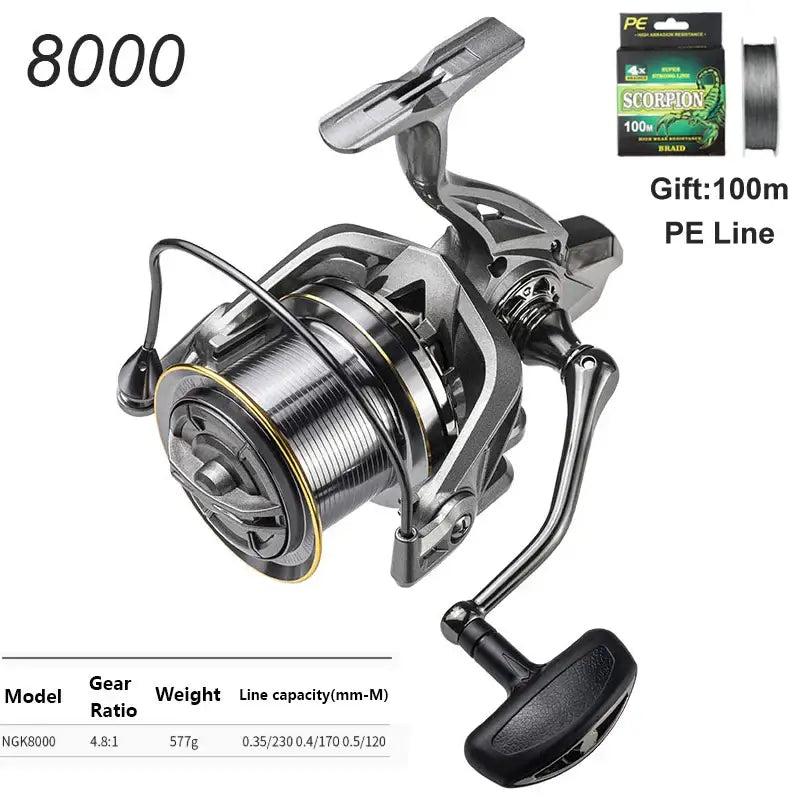 LINNHUE 8000 Big Spinning Fishing Reel with free 100m PE line, designed for saltwater and freshwater fishing.