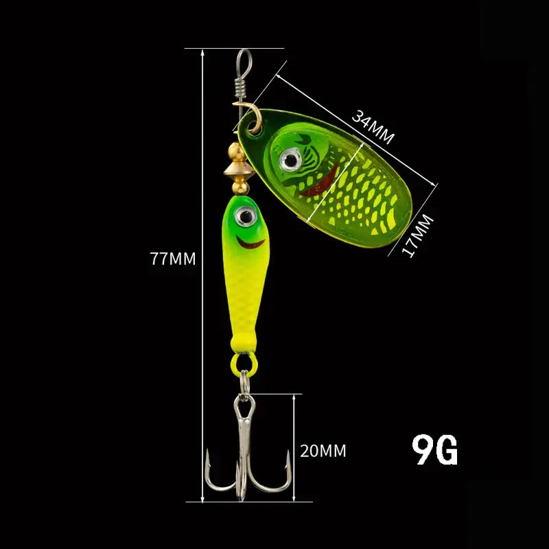 LUSHAZER 9g fishing spoon lure with treble hook, showing dimensions and vibrant colors for effective carp fishing.