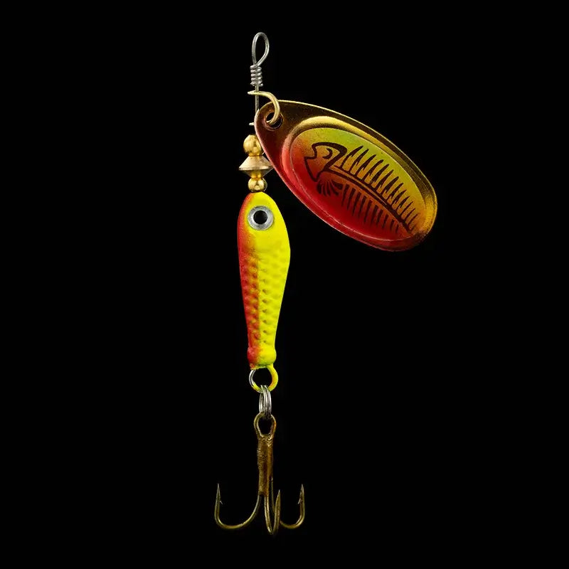 LUSHAZER 9g fishing spinner bait with treble hook, vibrant yellow and red design, ideal for attracting predatory fish.