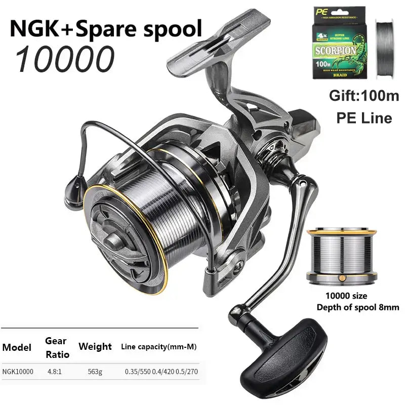 NGK 10000 fishing reel with spare spool and 100m PE line for saltwater and freshwater fishing.