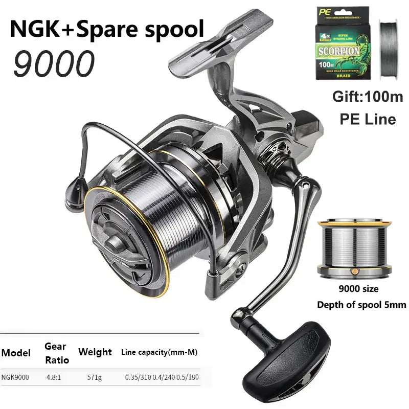 NGK 9000 spinning fishing reel with spare spool and PE line, designed for durability and high performance in fishing.