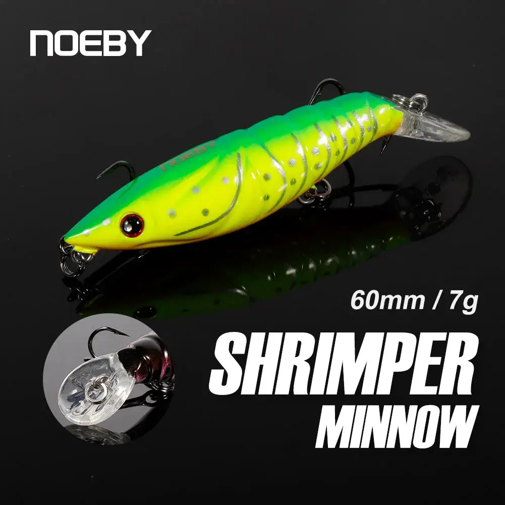 NOEBY artificial shrimp minnow fishing lure, 60mm length, 7g weight, designed to attract pike and sea bass.