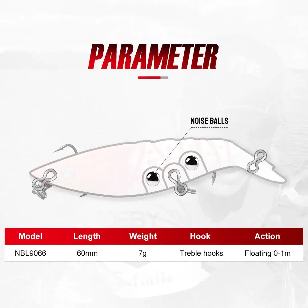 Diagram of NOEBY fishing lure showing parameters: 60mm length, 7g weight, treble hooks, and floating action.