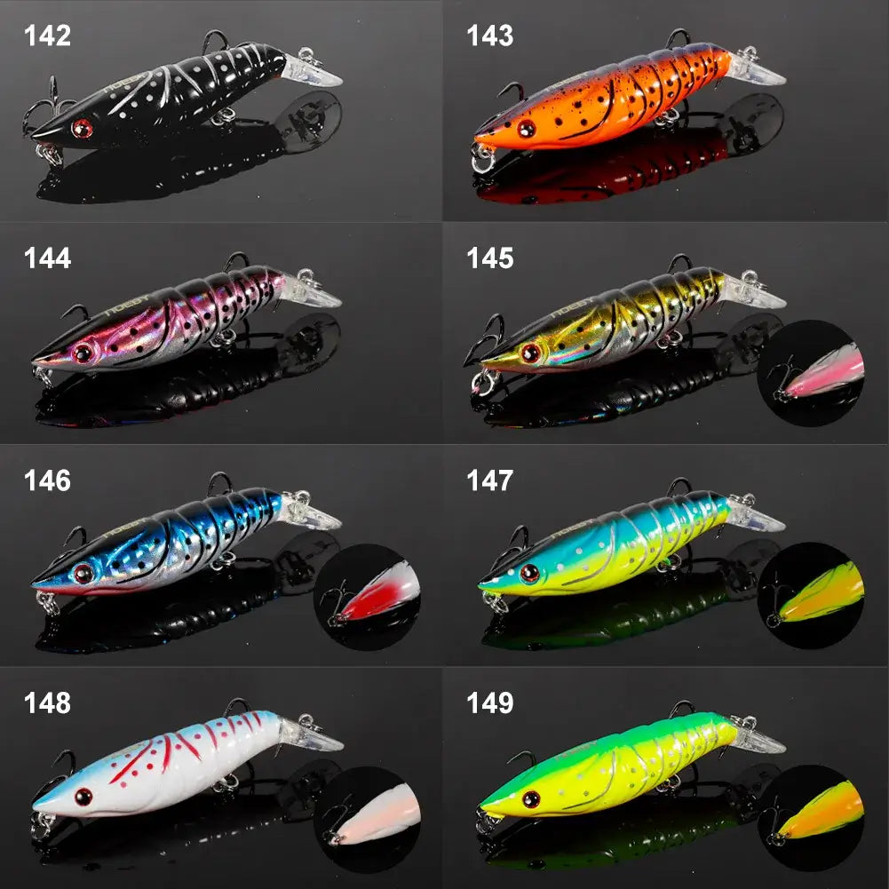 Variety of NOEBY artificial shrimp minnow fishing lures in multiple colors, ideal for attracting pike and sea bass.