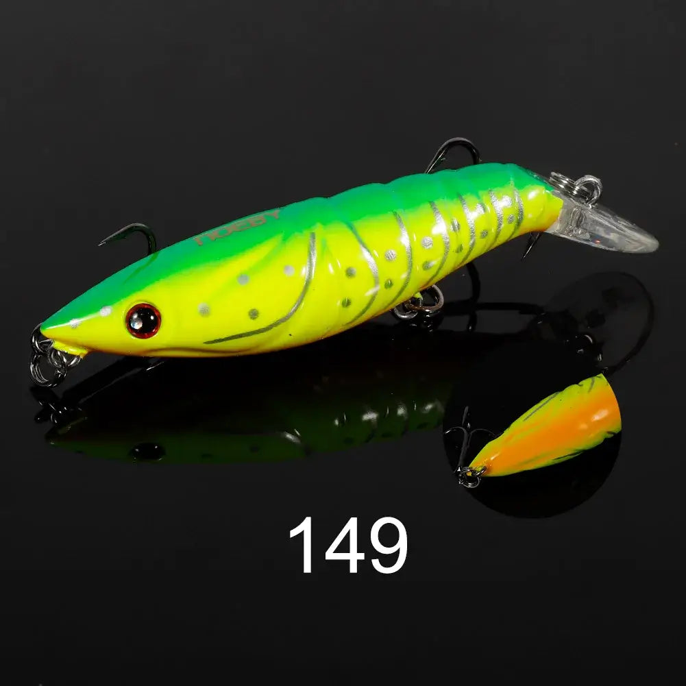 NOEBY artificial shrimp minnow fishing lure in vibrant green and yellow hues, ideal for pike and sea bass fishing.