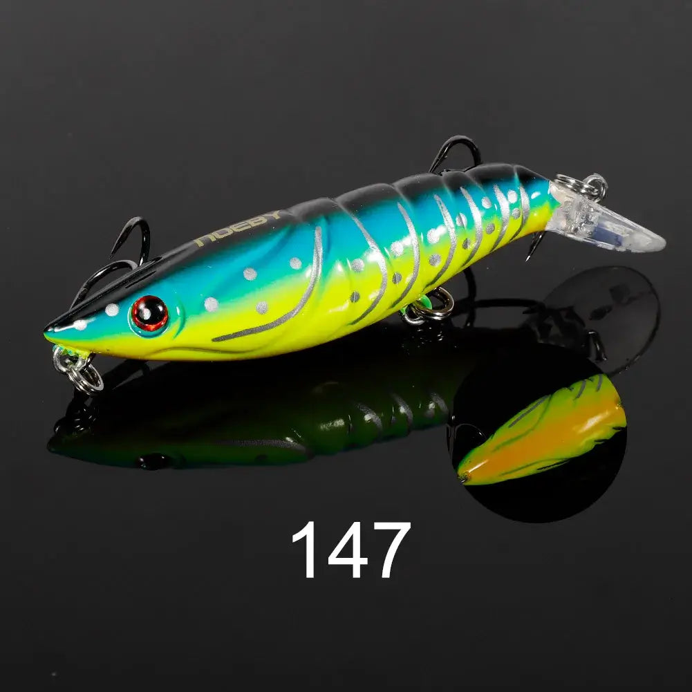 NOEBY artificial shrimp minnow fishing lure in vibrant blue and yellow, designed for pike and sea bass.