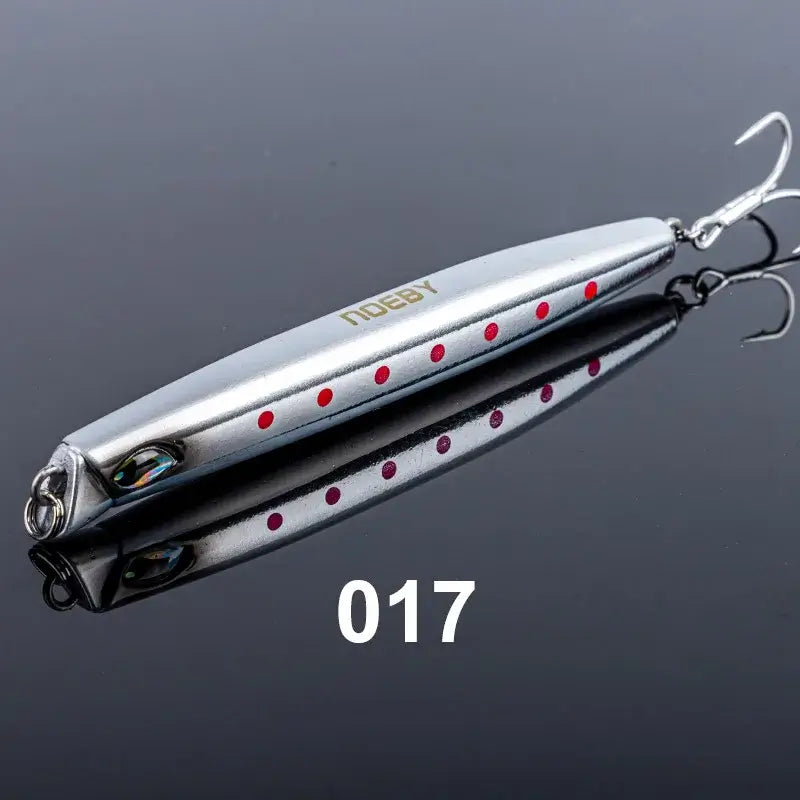 NOEBY Sinking Pencil 110mm 46g fishing lure, silver with red dots, perfect for shore and slow jigging.