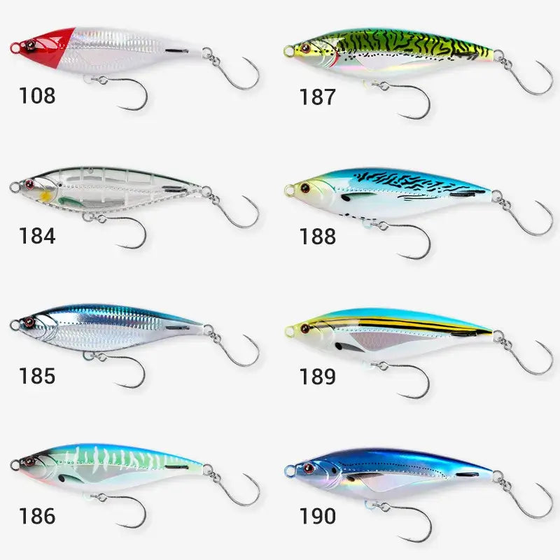 Assorted NOEBY sinking pencil fishing lures in vibrant colors for targeting sea bass and tuna, showcasing various models and designs.