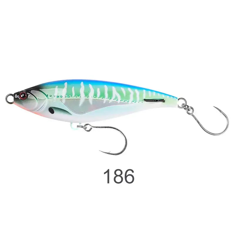 NOEBY Sinking Pencil Fishing Lure in blue and white, designed for sea bass and tuna fishing, with two sharp hooks.