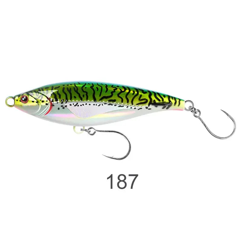 NOEBY Sinking Pencil Fishing Lure 115mm 43g with vibrant green and silver colors for targeting sea bass and tuna.