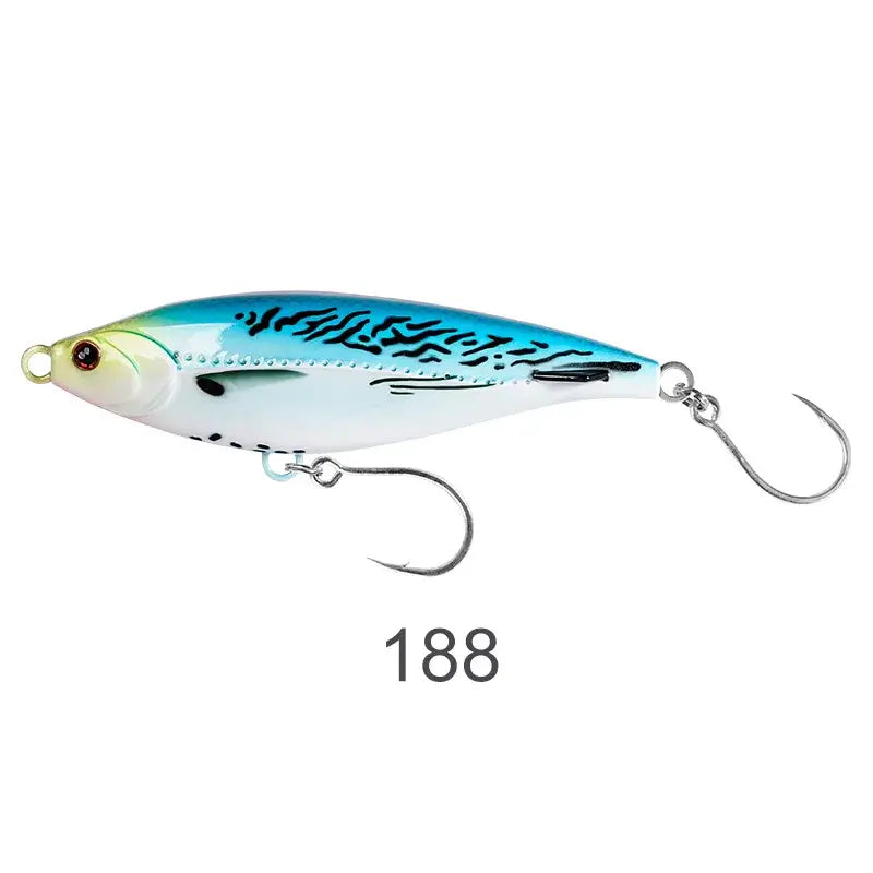 NOEBY Sinking Pencil Fishing Lure 115mm, designed for sea bass and tuna, showcasing sleek design and sharp hooks.