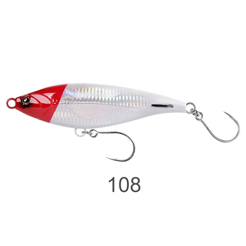 NOEBY sinking pencil fishing lure in red and white, designed for catching sea bass and tuna with precise weight distribution.