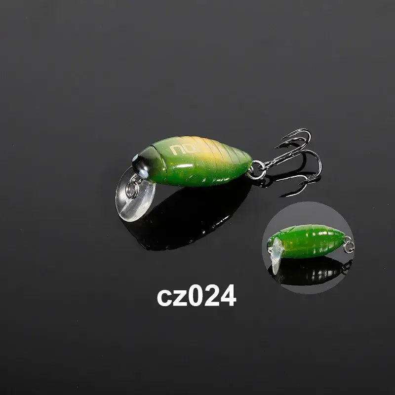 Noeby 28mm 2g mini floating minnow crankbait in green color, perfect for trout fishing, showcasing detailed design.